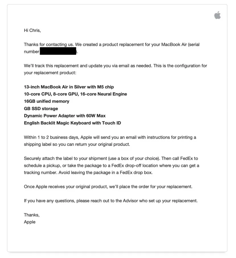 Geeknetic Apple sustituye un MacBook Air Intel de 2020 averiado por un modelo con chip M5 a través de AppleCare 1