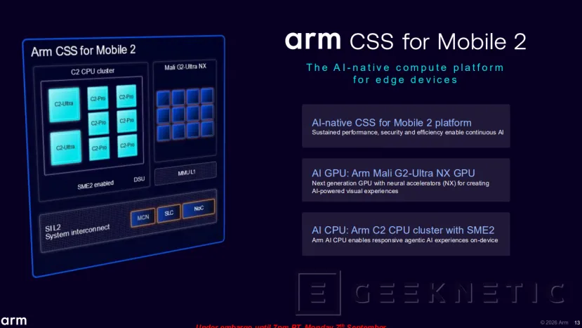 Geeknetic ARM CSS for Mobile 2: La apuesta por la IA agéntica con doble motor SME2 y núcleos C2-Ultra 3