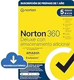 NORTON 360 DELUXE CON ALMACENAMIENTO EXTRA|Exclusivo Amazon*|50GB mas de Copia de Seguridad en la Nube|5 Dispositivos|1 AÑO de suscripción con renovación automática|Enviado por email