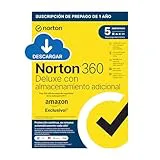 NORTON 360 DELUXE CON ALMACENAMIENTO EXTRA|Exclusivo Amazon*|50GB mas de Copia de Seguridad en la Nube|5 Dispositivos|1 AÑO de suscripción con renovación automática|Enviado por email