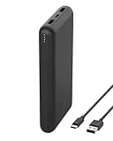 Belkin cargador USB-C portátil de 20000mAH, batería externa 20K con puerto USB-C de salida/entrada, power bank con 2 puertos USB-A y cable USB-C a USB-A para iPhone, Galaxy, iPad - negro