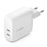 Belkin Cargador de Pared USB Type C PD de 40 W (dos Puertos USB-C de 20 W cada uno para Carga Rápida PD para iPhone 14 o 13, iPad Pro, Galaxy y Otros)