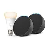 Echo Pop | Antracita, pack de 2 + Philips Hue White Bombilla Inteligente (E27), compatible con Alexa - Kit de inicio de Hogar digital