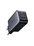 UGREEN Nexode 65W USB C GAN Tech Cargador 3 Puertos, Cargador USB C Compatible con MacBook Air, iPhone 16/15/14/13, iPad, Samsung Galaxy S24/ S24 +/ S24 Ultra/ S23/ S22, Google Pixel 7 Pro Negro