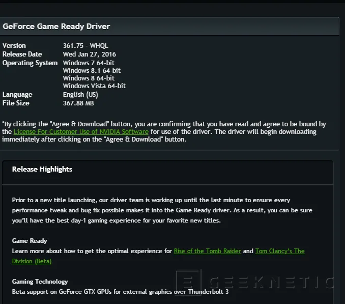 Nuevos drivers de NVIDIA con soporte para el nuevo Tomb Raider, la beta de The Division y GPUs externas por Thunderbolt 3, Imagen 1