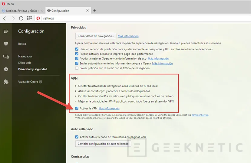 Geeknetic Habilitar la VPN gratuita en el navegador Opera 3