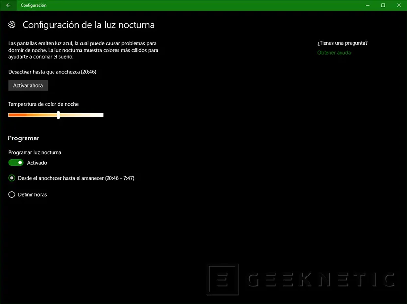 Geeknetic Configura el modo de luz nocturna en Windows 10 Creators Update 15063 2