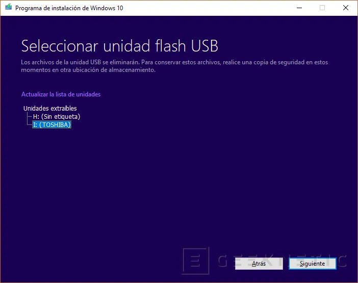 Windows 10 instalación elegir USB