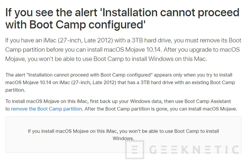 Geeknetic Si tienes un iMac de 27” de finales de 2012 con Boot Camp en un disco duro de 3TB, no podrás actualizar a Mojave 2