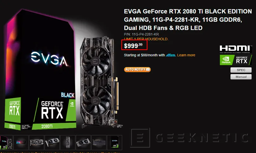 Geeknetic EVGA promete un precio por debajo de los 1.000 Dólares para su RTX 2080 Ti Black Edition 2