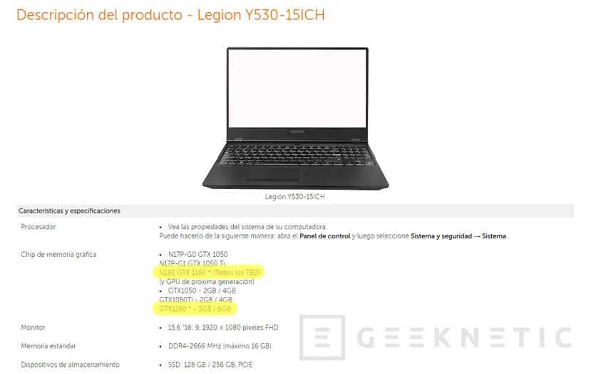 Geeknetic Lenovo confirma la existencia de la NVIDIA GTX1160 en la página de producto de un portátil 1