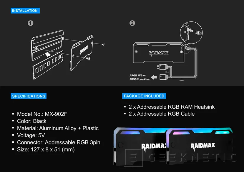 Geeknetic Raidmax anuncia sus disipadores para memorias RAM con iluminación ARGB 2
