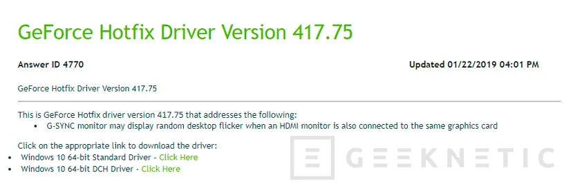 Geeknetic La versión 417.75 del controlador de NVIDIA soluciona problemas de parpadeo en monitores G-Sync 1
