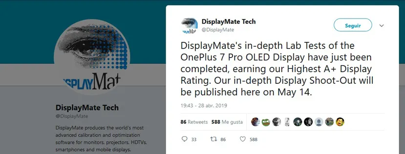 Geeknetic La pantalla OLED del OnePlus 7 pro recibe una puntuación A+ en DisplayMate Tech 1