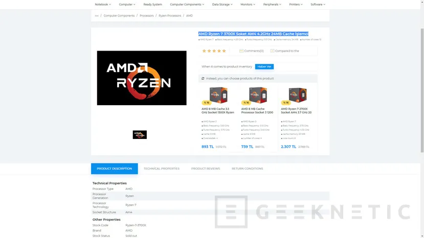 Geeknetic Aparecen listados de los procesadores Ryzen de tercera generación AMD Ryzen 9 3800X, Ryzen 7 3700X y Ryzen 5 3600X en tiendas online 3