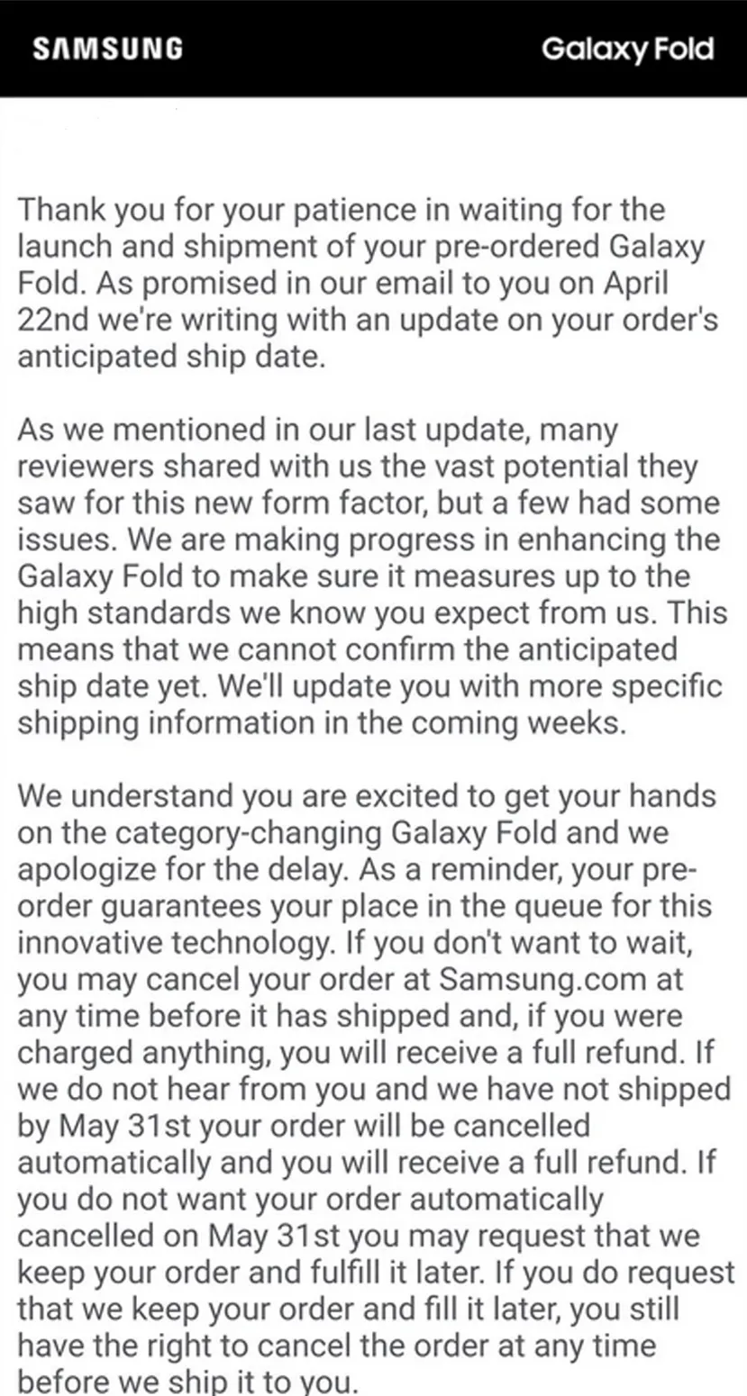 Geeknetic Samsung sigue posponiendo la fecha de lanzamiento del Galaxy Fold y ya está ofreciendo el reembolso a los pre-compradores 1
