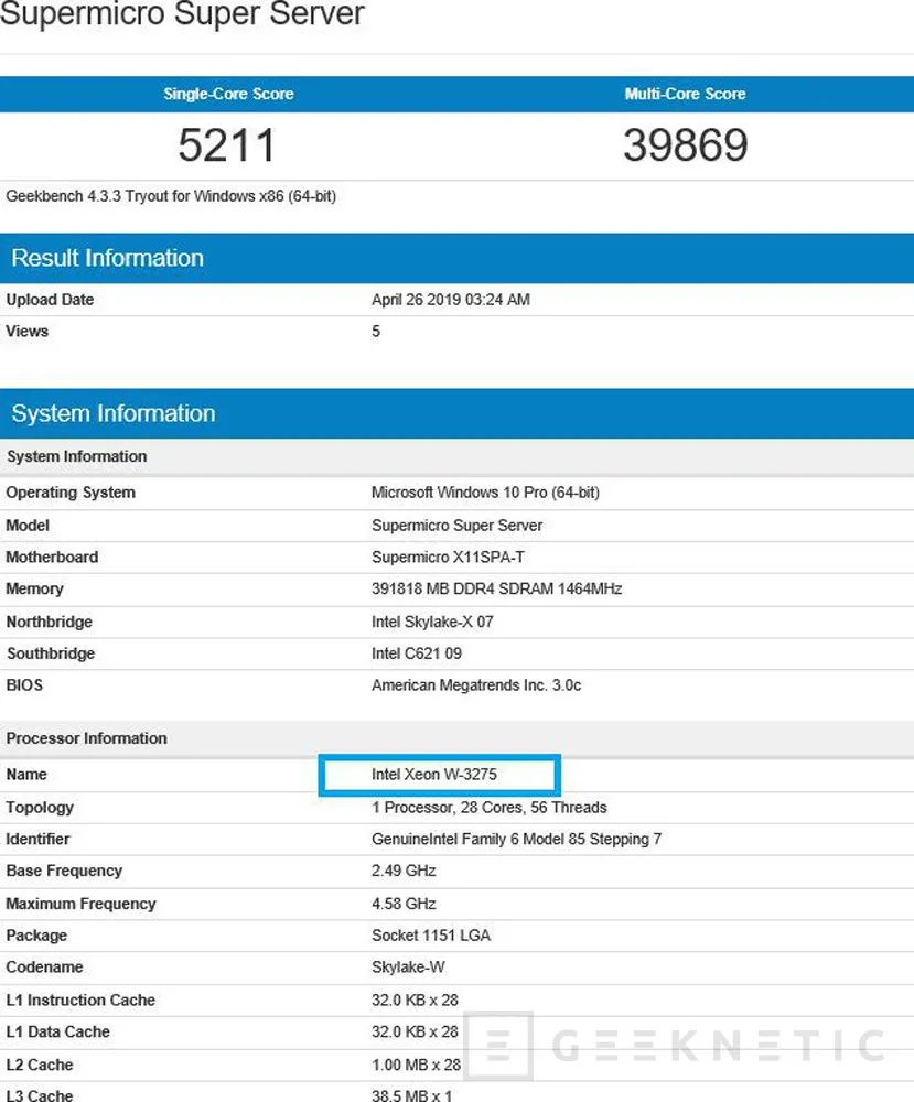 Geeknetic Se ven detalles de un potente Intel Xeon W-3275 de socket LGA 1151 con 28 núcleos y 56 hilos en GeekBench 1