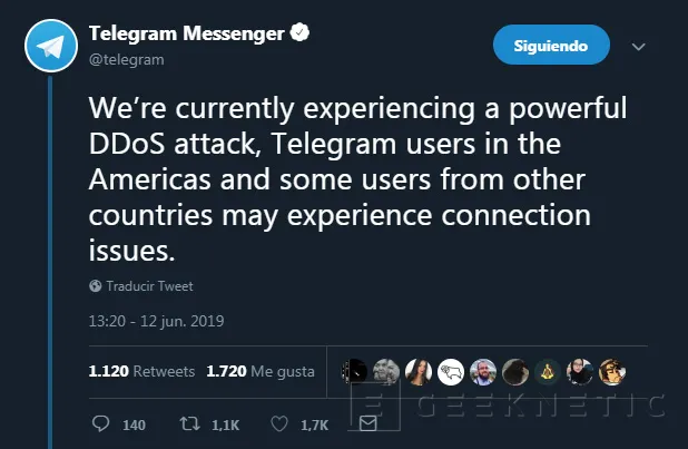 Geeknetic Un potente ataque DDoS provoca problemas de conexión en la aplicación de Telegram 1