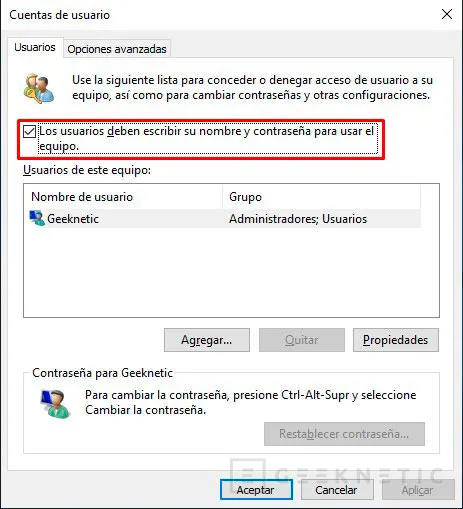 Geeknetic Cómo quitar la contraseña en Windows 10 3