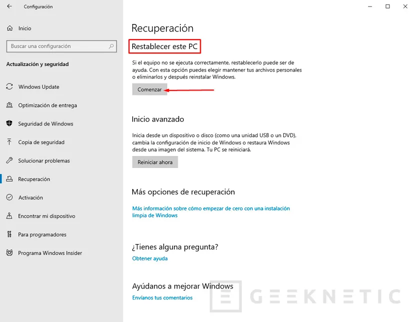 Geeknetic Cómo formatear Windows 10 6