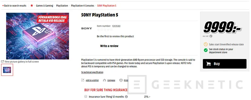 Geeknetic La PlayStation 5 aparece en la web sueca de Mediamarkt a 950 euros 1