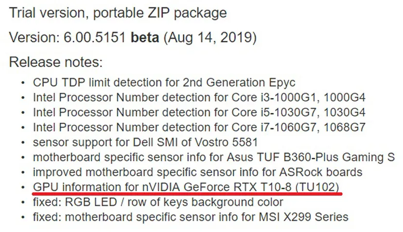 Geeknetic Un nuevo modelo Nvidia RTX con Turing 102 se deja ver en la base de datos de AIDA64 1