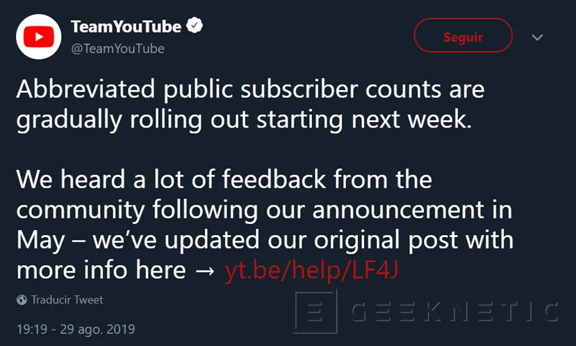 Geeknetic Youtube cambiará la forma en la que el numero de seguidores de los canales se muestra 1