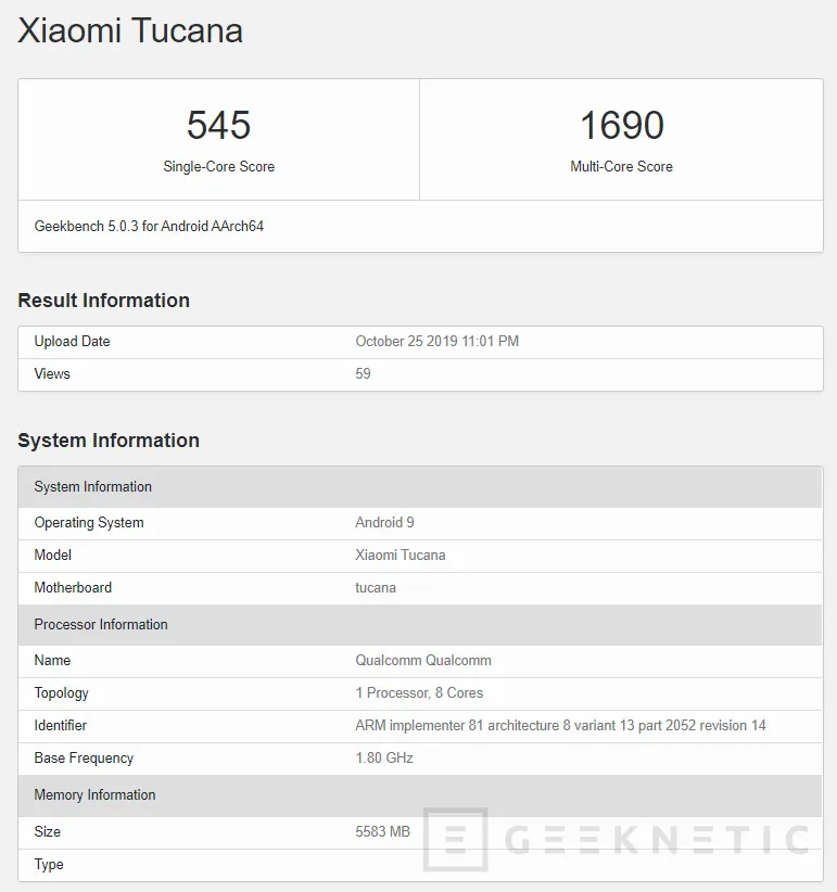 Geeknetic El Xiaomi Tucana se deja ver por Geekbench con 6GB de RAM y procesador de 8 núcleos 1