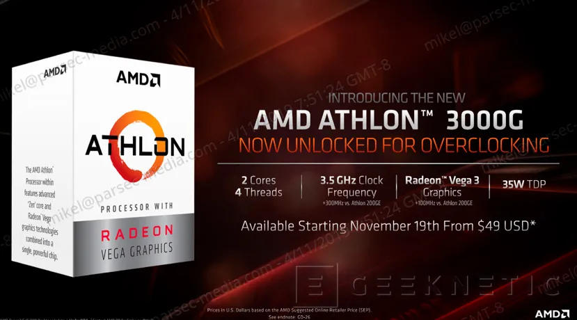 Geeknetic Por solo 49 dólares, el AMD Athlon 3000G ofrece 2 núcleos y 4 hilos Zen+  junto a una gráfica Vega 3 1
