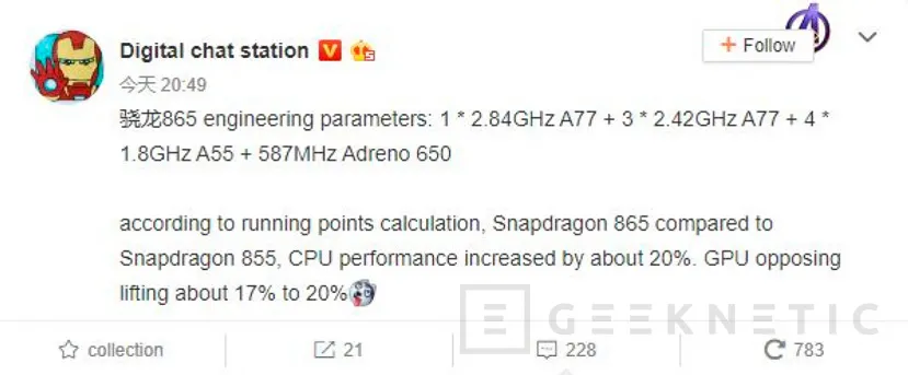 Geeknetic Se filtran las especificaciones del Snapdragon 865, ocho núcleos haciendo uso de RAM LPDDR5X 1