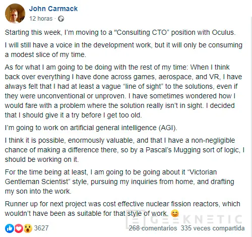 Geeknetic John Carmack dejará a un lado su puesto en Oculus para centrarse en la Inteligencia Artificial 1