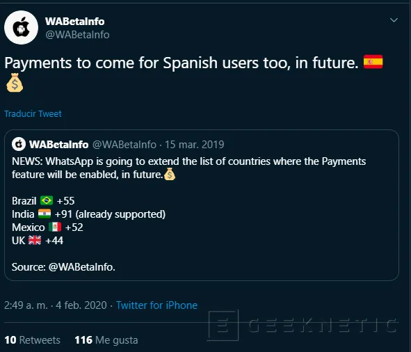 Geeknetic Pagar a través de Whatsapp será posible también en España 2