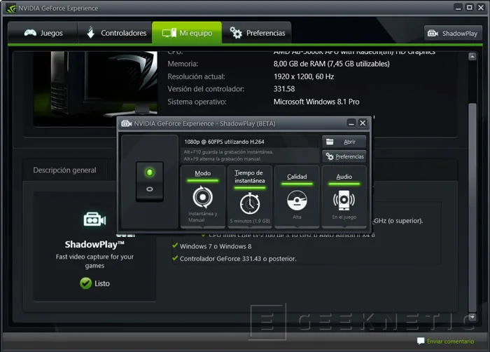 NVIDIA lanza la beta pública de su sistema de grabación de gameplays ShadowPlay, Imagen 1