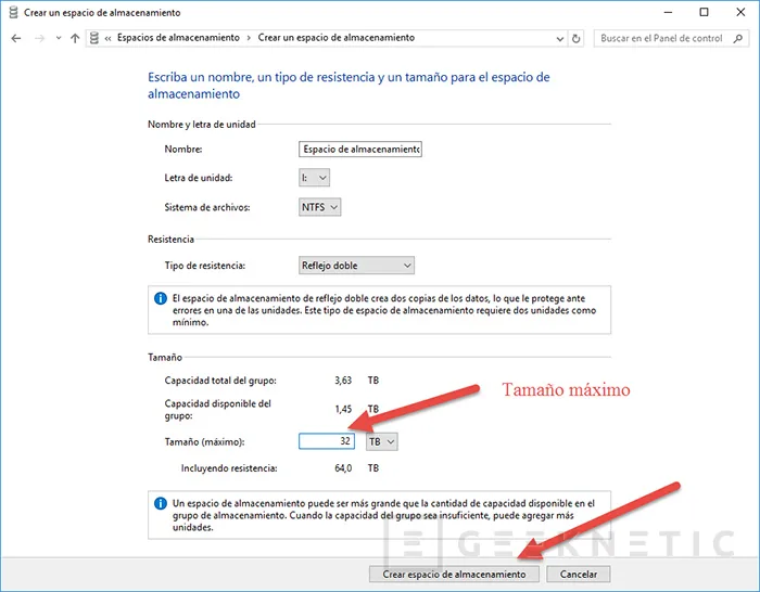 Geeknetic Montar un “espacio de almacenamiento” en Windows 8 o Windows 10 4